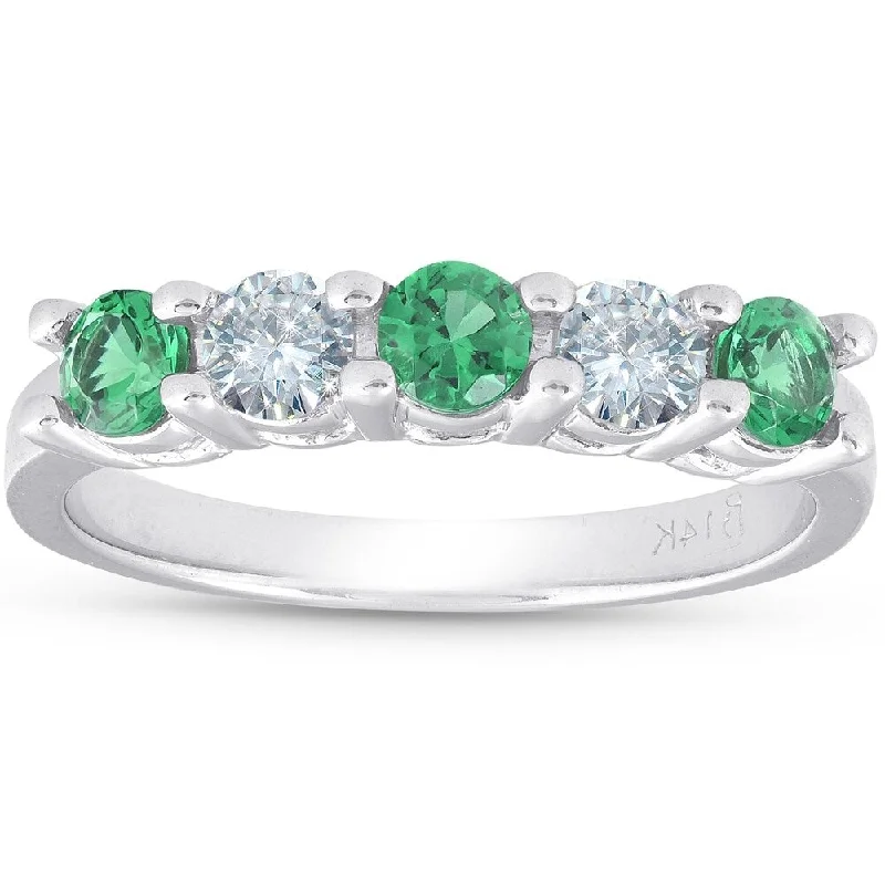 Channeled design ring-3/4ct Emerald & Diamond 5-Stone Wedding Ring 14K White Gold