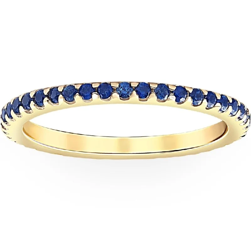 Embossed pattern ring-3/4Ct Genuine Blue Sapphire Eternity Ring Stackable Band 10k Yellow Gold