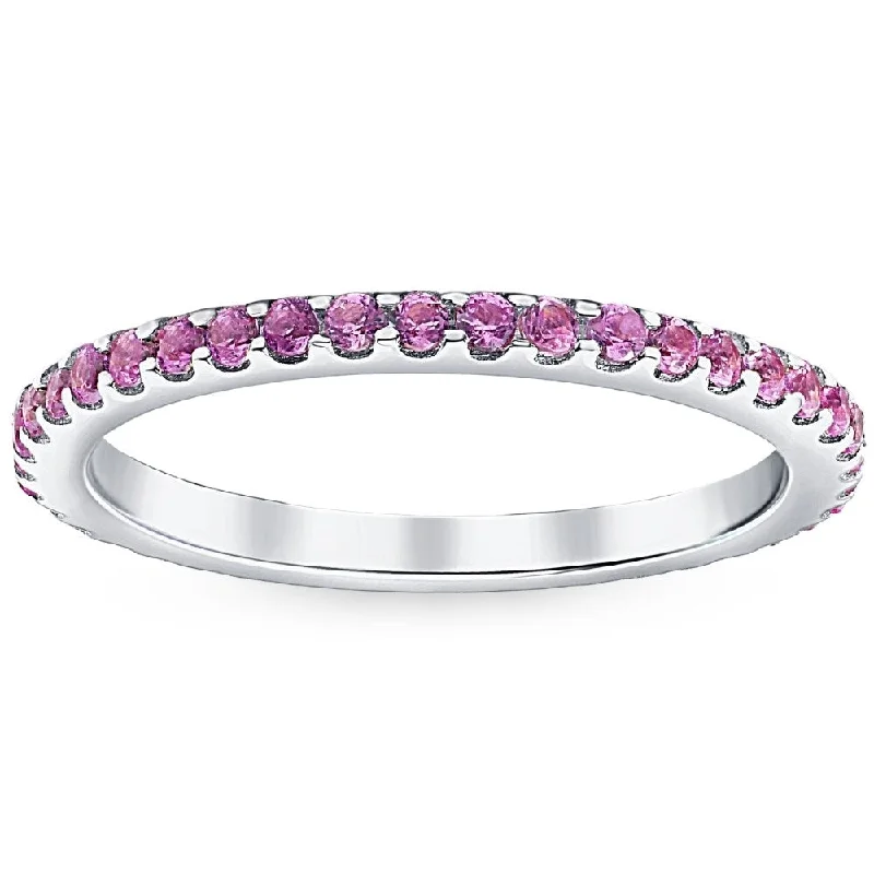 Elastic stone ring-3/4Ct Genuine Pink Sapphire Eternity Ring Stackable Band 10k White Gold