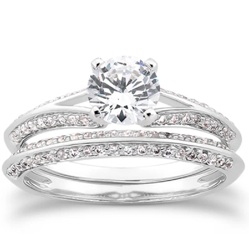 Channeled design ring-3/4ct Split Shank Diamond Engagement Wedding Ring Set 14K White Gold