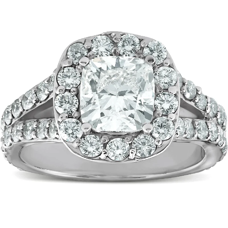 Polished zinc ring-3 Ct Cushion Diamond Engagement Halo Split Shank Ring 14k White Gold