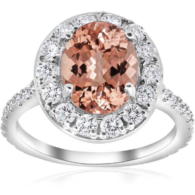 Parted-shank ring-3 ct Oval Halo Morganite Diamond Vintage Engagement Ring 14k White Gold