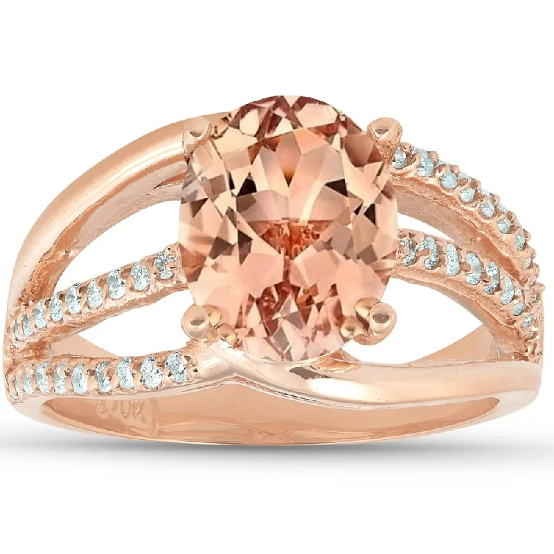 Glossy titanium ring-3 Ct TW Large Oval Peach Morganite & Diamond Ring 10k Rose Gold