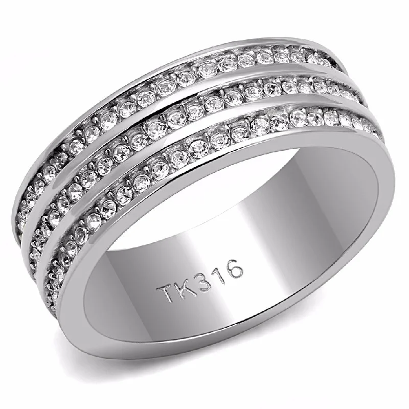 Sweeping ridge ring-3 Rows Clear Crystal Stainless Steel All Around 7mm Wide Band