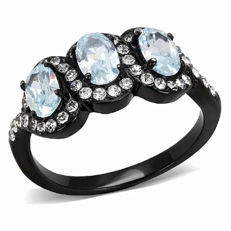 Retro amber ring-3 Sky Blue Oval CZs with Clear CZs set in Black IP Stainless Steel Band Ring