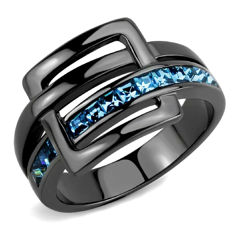 Droplet gem ring-3x3mm Princess Cut Sea Blue Topaz CZ Light Black IP Stainless Steel Band