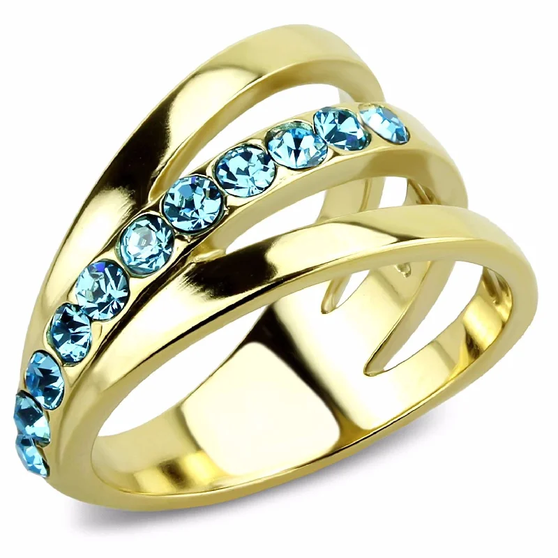 Eight-heart ring-3x3mm Round Cut Sea Blue Topaz CZ Gold IP Stainless Steel Band