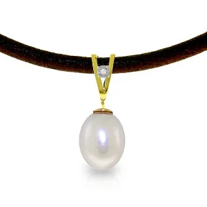 Faint silver necklace-4.01 Carat 14K Solid Yellow Gold Leather Necklace Diamond Pearl