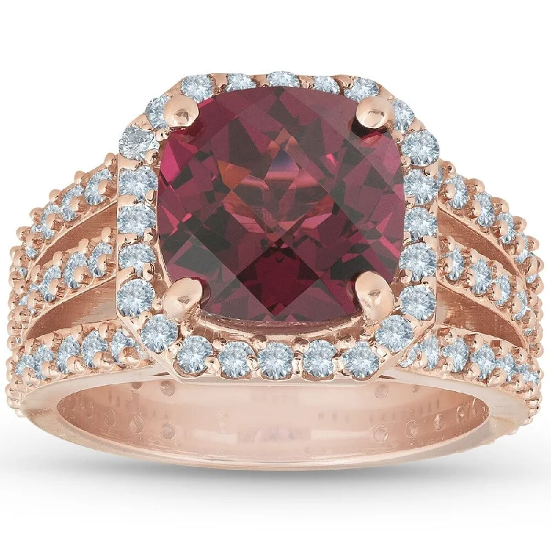 Sweeping ridge ring-4.25Ct Garnet Diamond Cushion Halo Multi Row Ring 14k Rose Gold