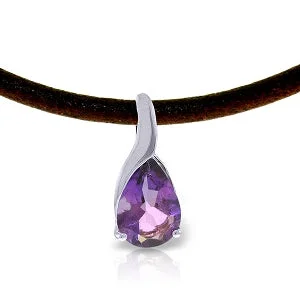 Rounded gem necklace-4.7 Carat 14K Solid White Gold Leather Necklace Natural Amethyst