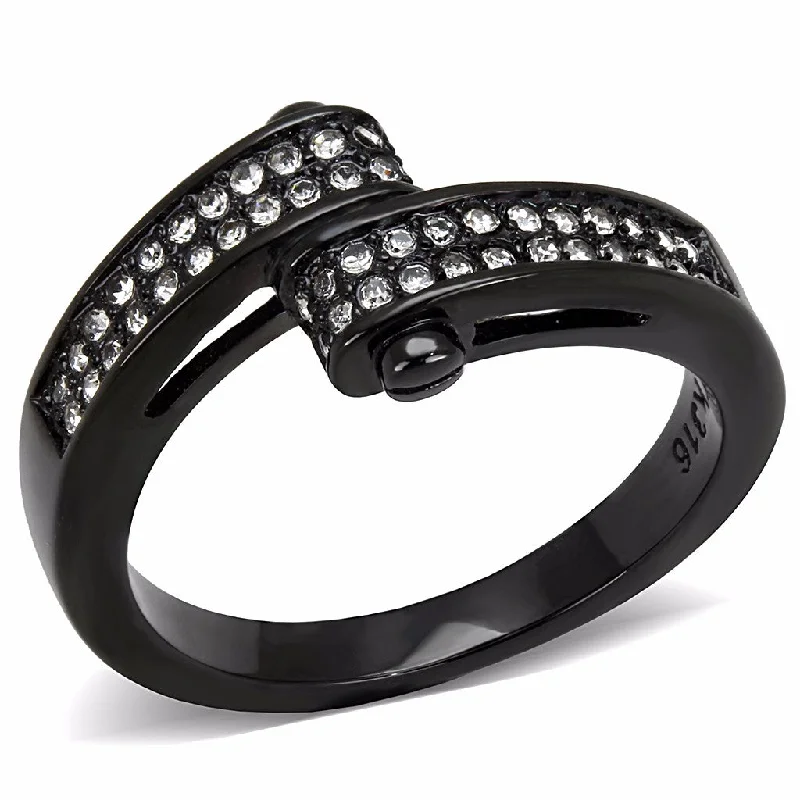 Glossy titanium ring-4 Rows of Clear CZ set in Black Ion Plated Stainless Steel Band Ring