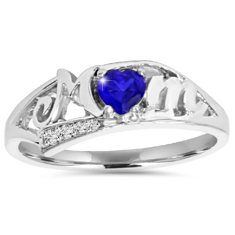 Sheer silver ring-5/8ct Blue Heart Sapphire & Diamond MOM Ring 10K White Gold