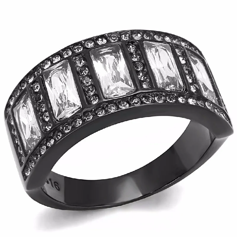 Tiered band ring-5 Clear Baguette Cut CZ s Set in Black IP Stainless Steel Eternity Band