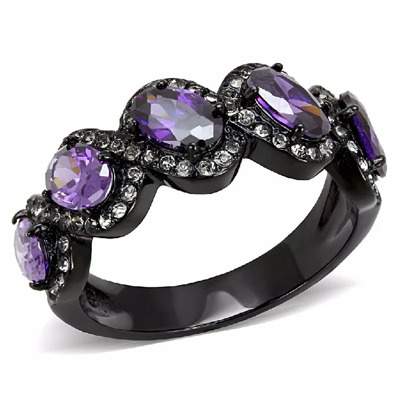 Glimmering aquamarine ring-5 Purple Oval CZs with Clear CZs set in Black IP Stainless Steel Band Ring