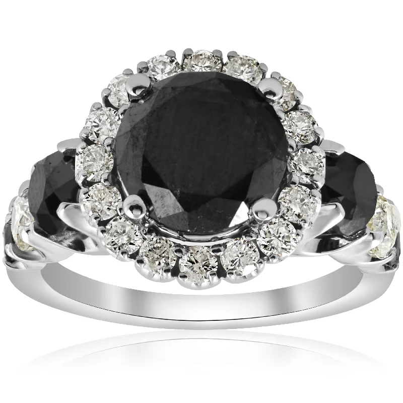 Lush gold ring-5ct Black & White Diamond Halo Engagement Ring 14k WHite Gold