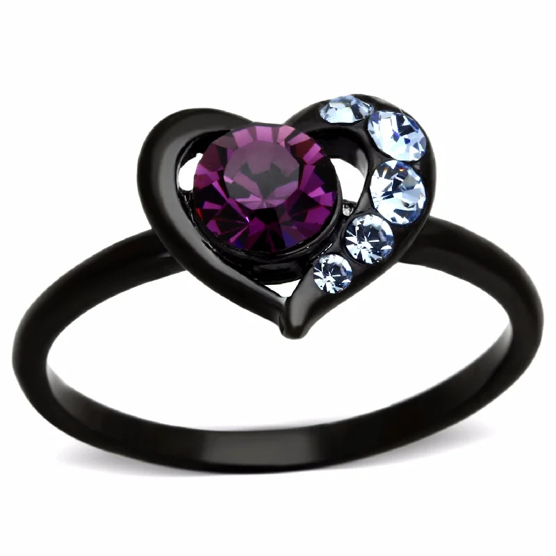 Fine-cut ring-5x5mm Amethyst Round Crystal Heart Shape Black IP Stainless Steel Promise Ring