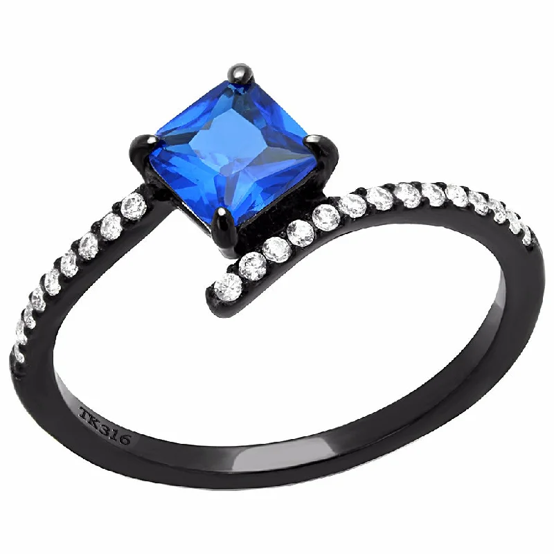 Rich kyanite ring-5x5mm Princess Cut Sapphire CZ Black IP Stainless Steel Delicate Ring