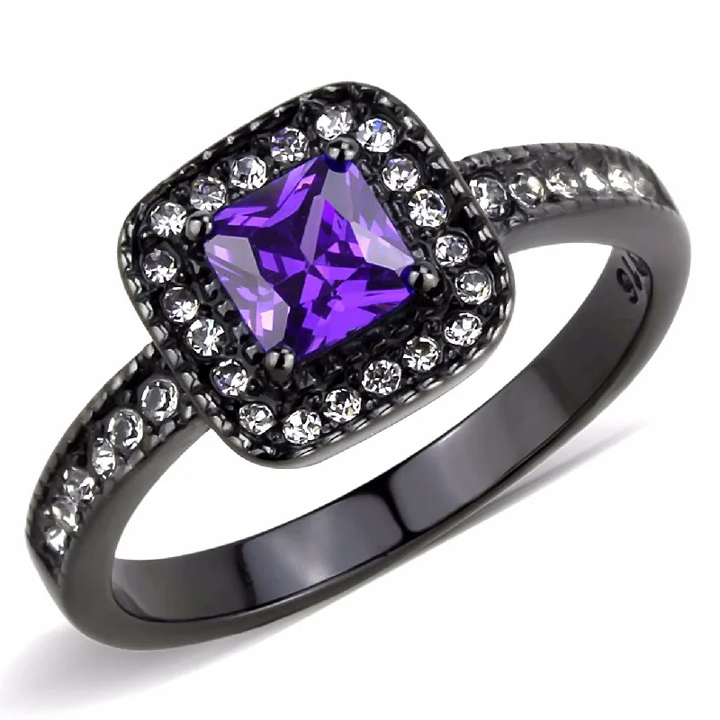 Glowing minimalist ring-5x5mm Princess Cut Violet Amethyst CZ Black IP Stainless Steel Cocktail Ring