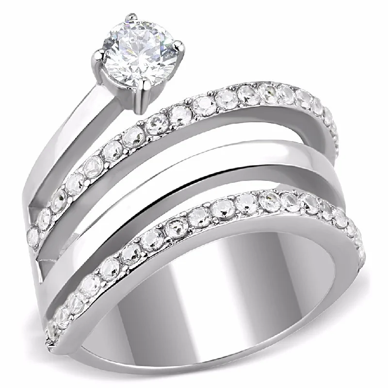 Polished zinc ring-5x5mm Round CZ Side with Top Grade Crystal Stainless Steel Wide Band Ring