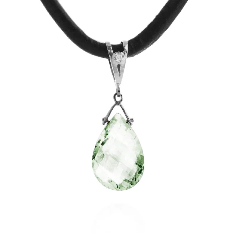 Sheer silver necklace-6.51 Carat 14K Solid White Gold Leather Necklace Diamond Green Amethyst