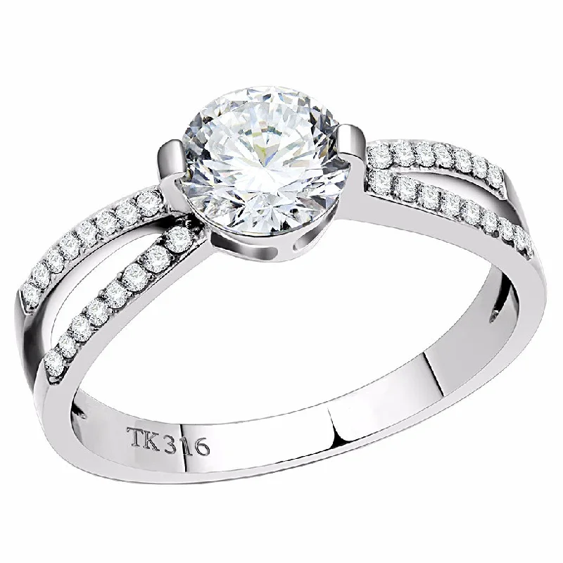 Glossy iridium ring-6.5x6.5mm Round Cut Clear CZ Center Set in Stainless Steel Delicate Ring