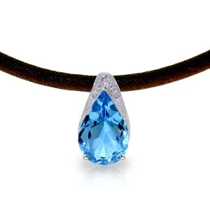 Deep emerald necklace-6 Carat 14K Solid White Gold Leather Necklace Blue Topaz