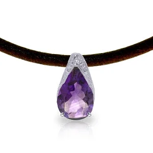 Leaning stone necklace-6 Carat 14K Solid White Gold Leather Necklace Purple Amethyst