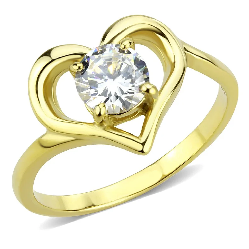 Rolling tide ring-6x6mm Clear Round CZ Inside Heart Shape Womens Gold IP Stainless Steel Band