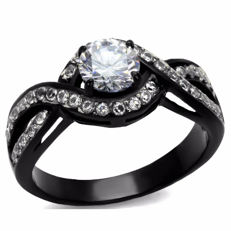 Slim diamond ring-6x6mm Round Cut CZ Two-Tone Black IP Stainless Steel Bridal Ring