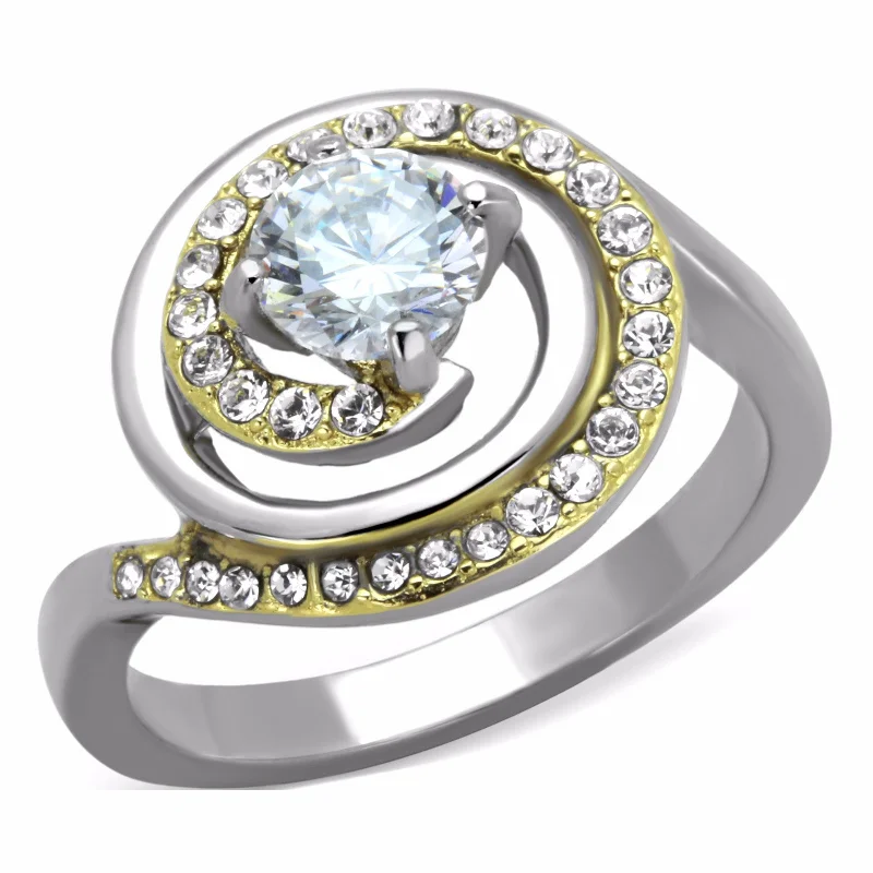 Channeled rim ring-6x6mm Round Cut CZ Two-Tone Gold IP Stainless Steel Womens Bridal Ring