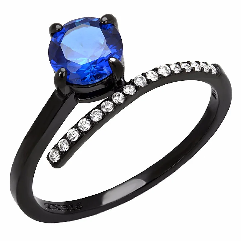 Wide-tier ring-6x6mm Round Sapphire CZ Center Black IP Stainless Steel Delicate Ring