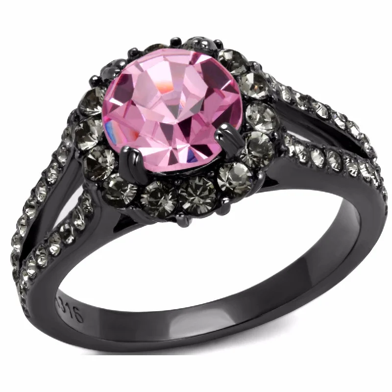 Pentagonal stone ring-7.5x7.5mm Round Cut Light Pink CZ Light Black IP Stainless Steel Wedding Ring