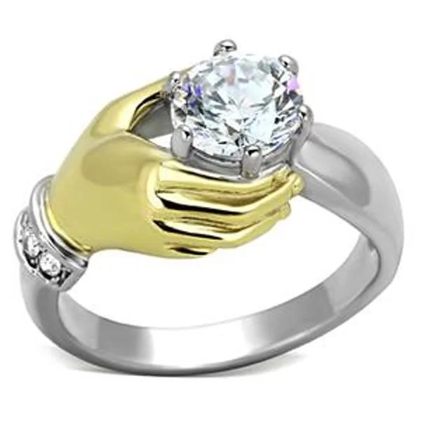 Sweeping arc ring-7x7mm Round Cut CZ Two Tone Gold IP Stainless Steel Ring