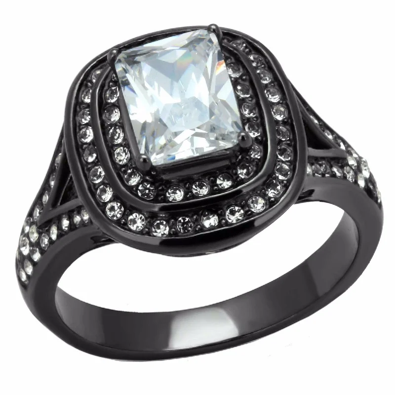 Flowing design ring-8x6mm Rectangle Cut CZ Light Black IP (IP Gun) Stainless Steel Cocktail Ring