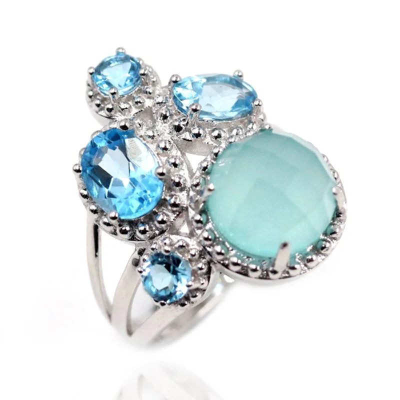 Hovering gem ring-925 Sterling Silver Aqua Chalcedony and Swiss Blue Topaz Ring