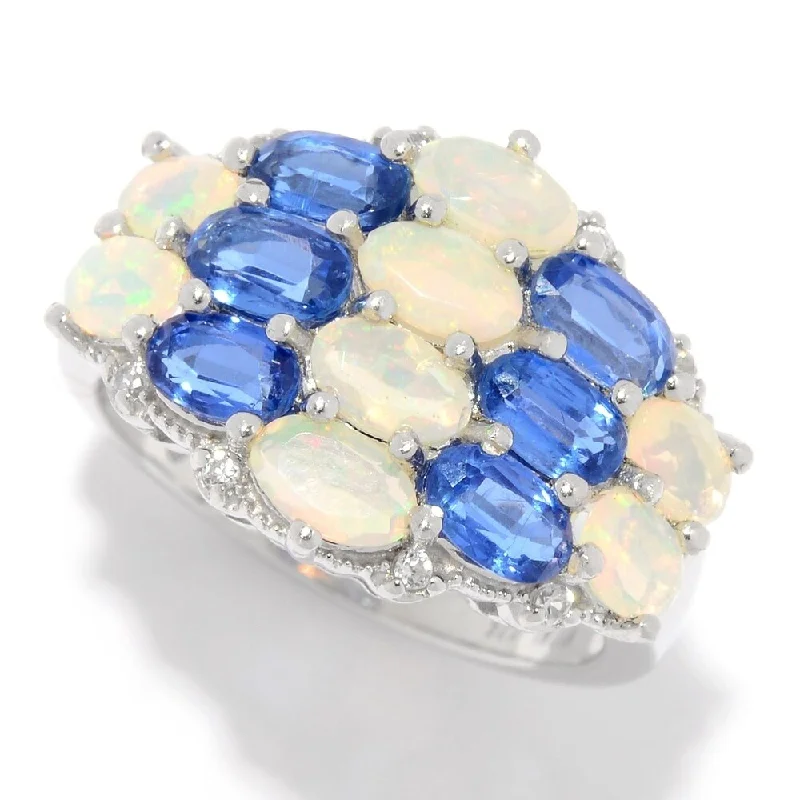 Heptagonal gem ring-925 Sterling Silver Ethiopian Opal,Kyanite,White Natural Zircon Ring