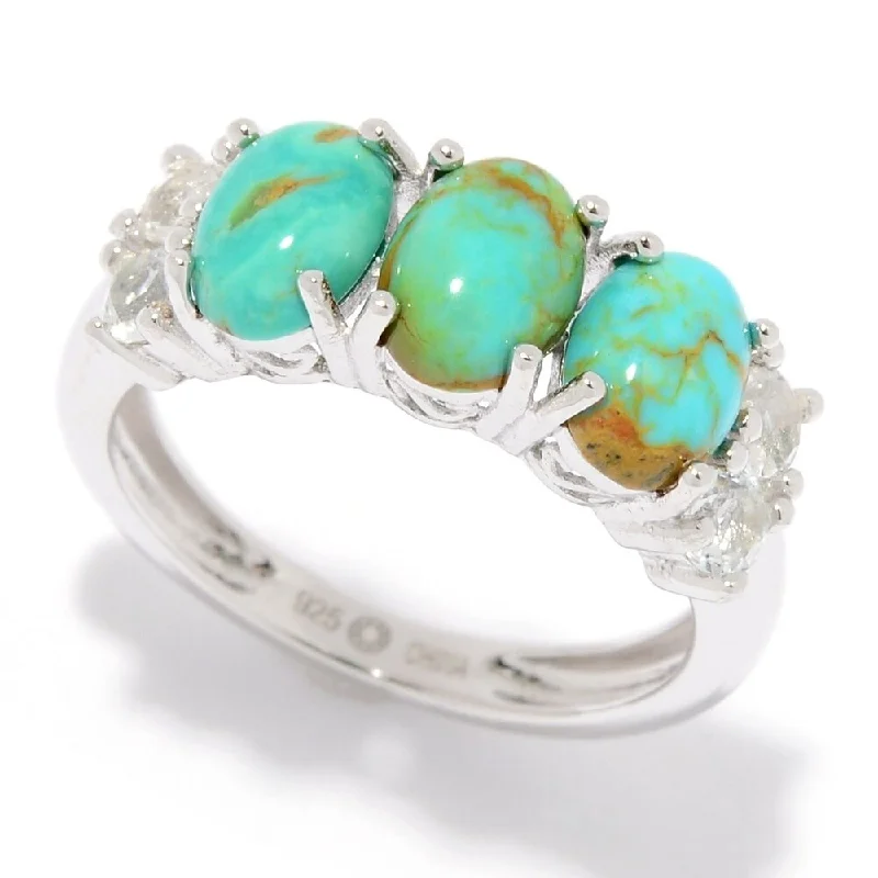 Stamped initial ring-925 Sterling Silver Tyrone Turquoise and White Topaz 3-Stone Ring