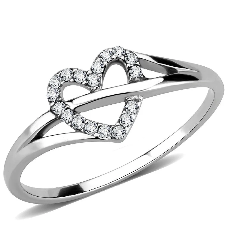 Elastic stone ring-AAA Grade Clear CZ on Heart Shape Stainless Steel Womens Eternity Pave Thin Band