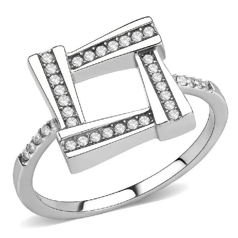 Lush emerald ring-AAA Grade Clear CZ on Square Shape Stainless Steel Womens Eternity Pave Thin Band