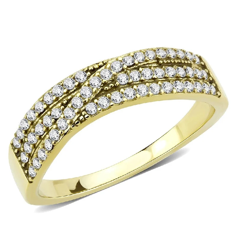 Glowing ruby ring-AAA Grade Clear CZ on Three Row Gold IP Stainless Steel Womens Eternity Pave Band