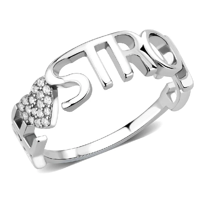 Pleated edge ring-AAA Grade CZ on Heart Shape with Be Strong Lettering Stainless Steel Band