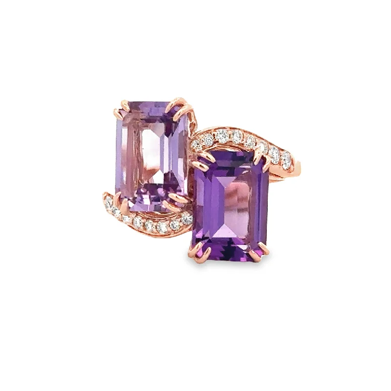 Vivid shale ring-Amethyst and Diamond Bypass Style Ring in Rose Gold