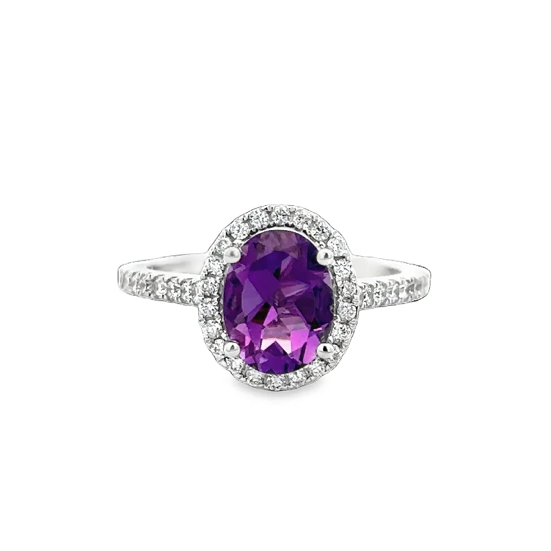 Leaf-bud ring-Amethyst and Diamond Halo Ring in White Gold