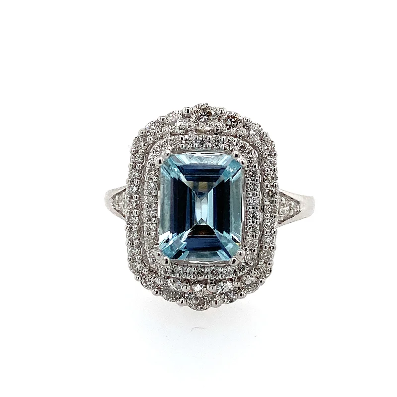 Glossy iridium ring-Aquamarine and Diamond Ring in White Gold