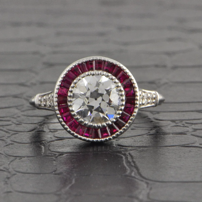 Sunbeam ring-Art Deco Inspired 1.50 Old European Cut Diamond and Ruby Bullseye Ring in 18k White Gold