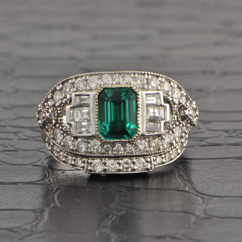 Linked band ring-Art Deco Inspired Emerald and Diamond Ring & Band in 18k White Gold