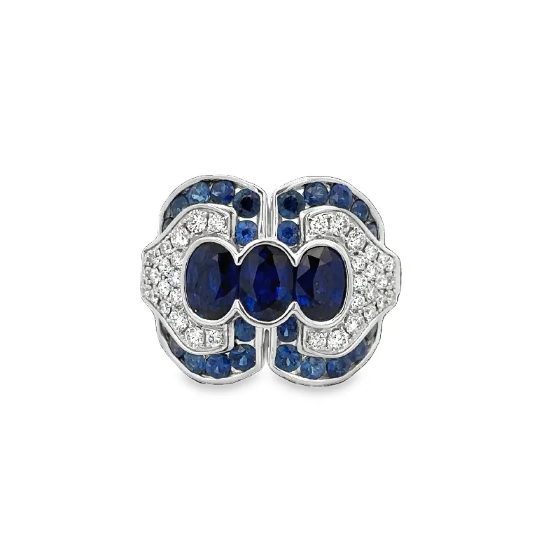 Crafted gold ring-Art Deco Inspired Sapphire and Diamond Ring in 18k White Gold