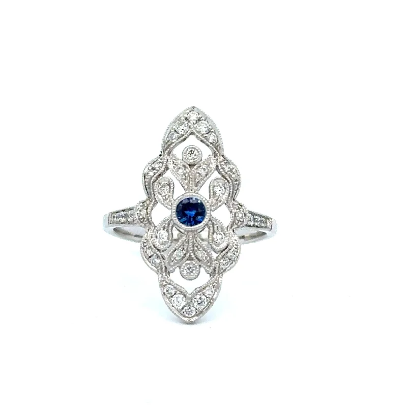 Set stone ring-Art Deco Inspired Sapphire and Diamond Ring in 18k White Gold