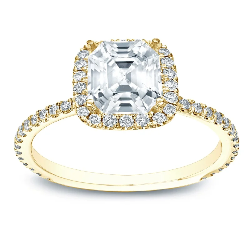 High-dome cabochon ring-Auriya 1 1/2ctw Assher-cut Halo Diamond Engagement Ring 14k Gold Certified