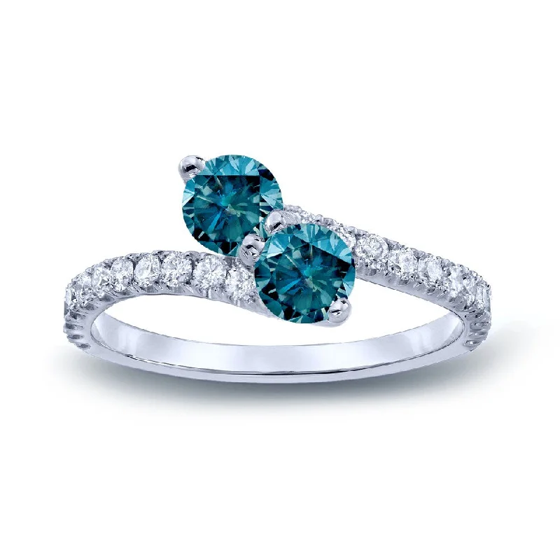 Satin shale ring-Auriya 1 1/2ctw Round 2-Stone Blue Diamond Engagement Ring 14K Gold